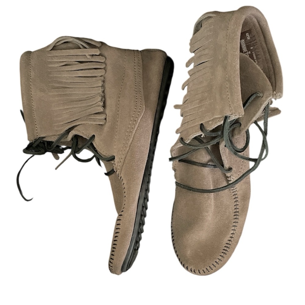 Minnetonka gray Fringed Suede Ankle Boots